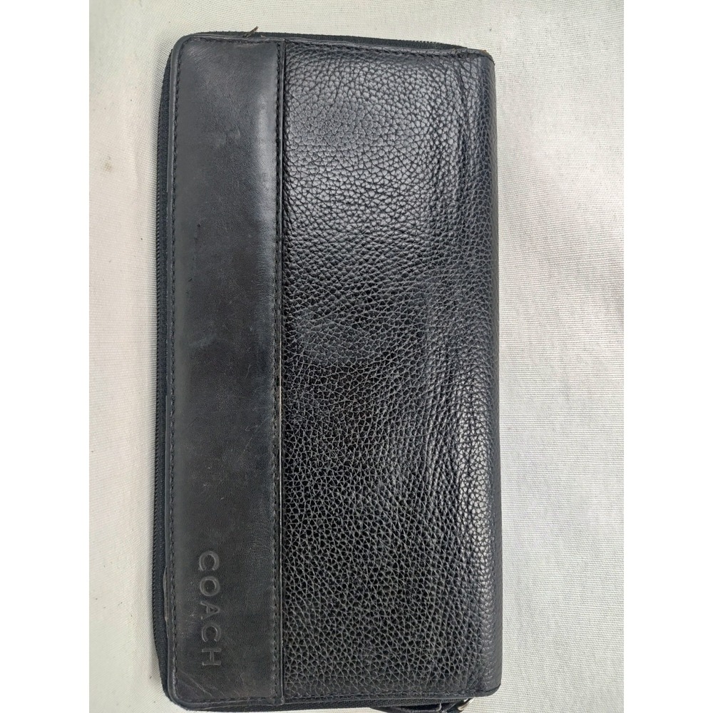 COACH Vintage Black Pebbled Leather Zip Around Long Wallet Organizer ID Window